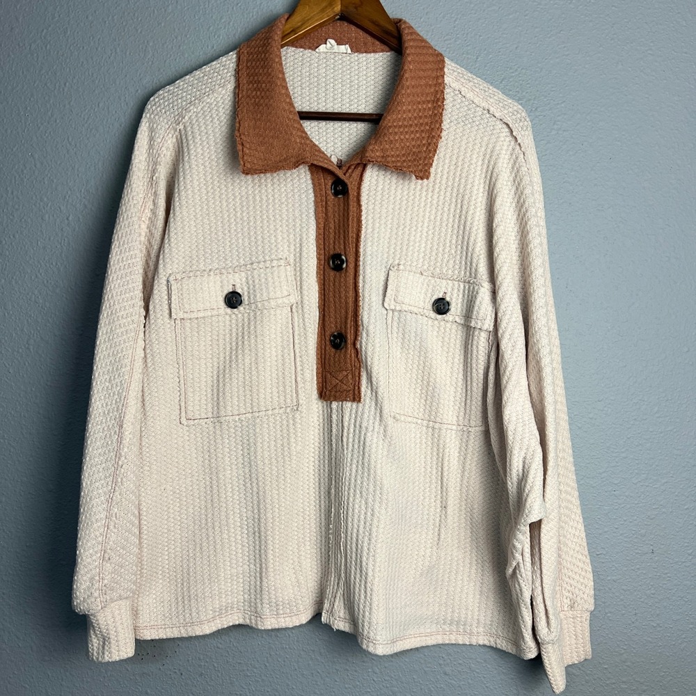 Jodifl Oversized Slouchy Waffle Knit Shirt 1/2 Button Boho Farmhouse Pockets‎ Sm
